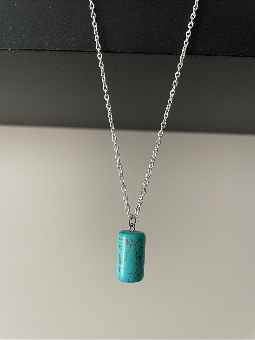 Necklace - turquoise with brown/black lines with silver coloured chain